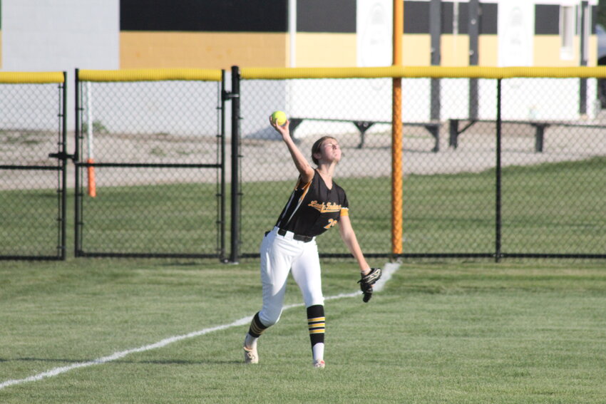 Van-Far sophomore Trinity Skwirtz throws from the outfield in an earlier game this season.