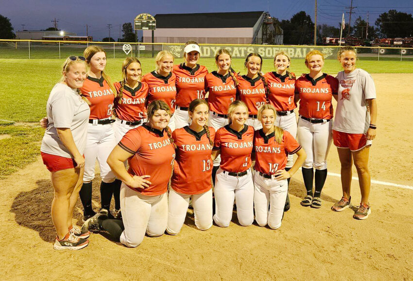 The Community R-6 Lady Trojans are Central Activities Conference champions for the fourth time in five years and include, back row from left, coach Jordyn Hamm Keara Bosworth, Lydia Hoyt, Chloe Johnson, Jocelyn Curtis, Rylee Rafferty, Peyton Schafer, Grace Welch, Amy McCurdy and head coach Kendra Murphy, and front row from left, Paige Painter, Brooklynn Glasgow, Taylor Johnson and Alyssa Beamer.