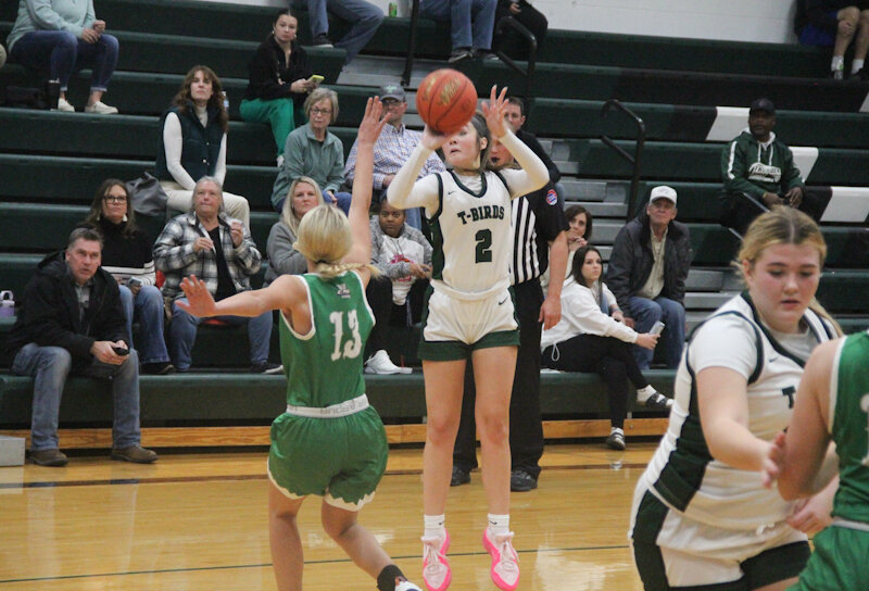 North Callaway junior Natalie Shryock shoots a 3-pointer against Silex in an earlier game at home this season. Shryock was on home court for districts on Monday and scored her 1,000th career point in a season-ending loss against Hermann.