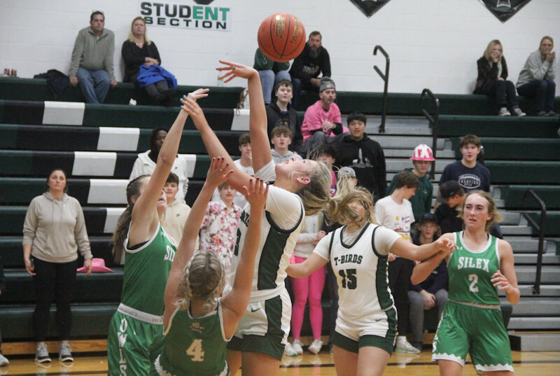 North Callaway senior Riley Blevins is fouled by Silex while attempting a layup in the final minute on Thursday at home. Blevins hit both free throws to win the game for the Ladybirds.