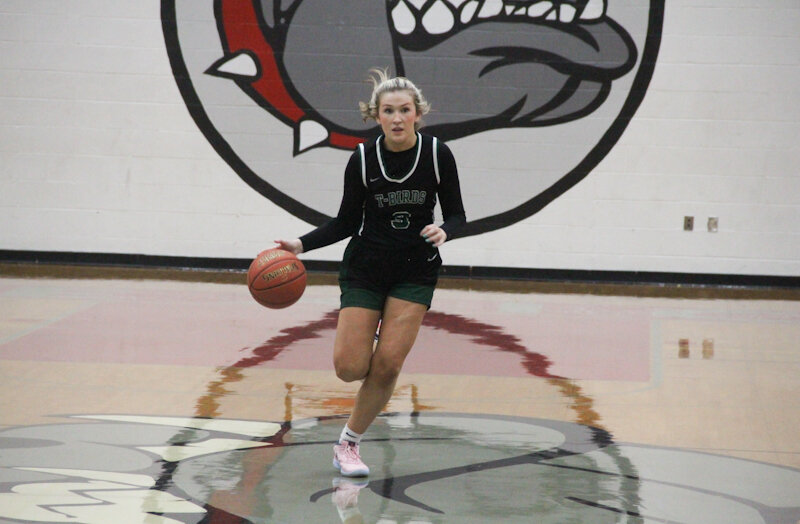 North Callaway senior Riley Blevins dribbles down the court Saturday during the Gary Filbert Classic in Mexico. Blevins and the Ladybirds lost a conference and district foe on Tuesday at home against Montgomery County.