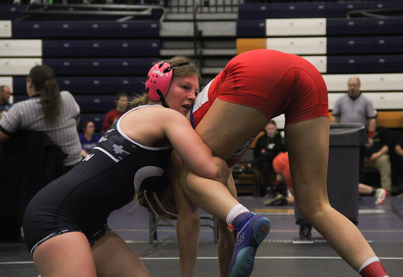 Centralia freshman Jayci Shelton tries to take down an opponent on Friday during the Wonder Woman tournament at Battle High School in Columbia. The nationally ranked Shelton pinned five opponents in the first period to win the 155-pound bracket, including the top three state-ranked girls in Class 2 in the final three rounds.