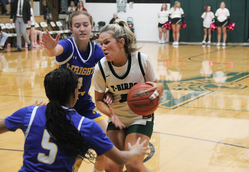 North Callaway senior Riley Blevins drives against the Wright City defense this season during Senior Night in Kingdom City. Blevins scored her 1,000th career point in the victory.