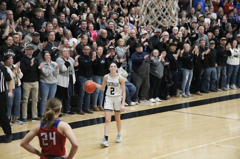 Centralia freshman Ryenn Gordon dribbles out the final seconds of Friday's Class 3 state quarterfinal game in Centralia with the backdrop of a happy Centralia crowd. The Lady Panthers defeated South Shelby to advance to their first ever state Final Four.