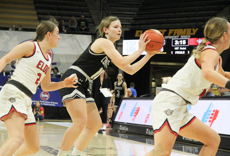 Centralia senior Raegan Anderson makes a pass against El Dorado Springs on Friday during the Class 3 girls semifinals at Mizzou Arena in Columbia. Anderson had the game-winning bucket in the Lady Panthers' third-place victory over St. Pius X (Festus) on Saturday.