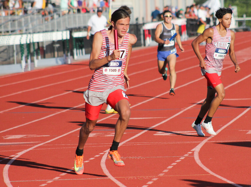 Mexico junior Tyler Grimes runs in a relay race at last season's Class 3 state track and field meet in Jefferson City,
