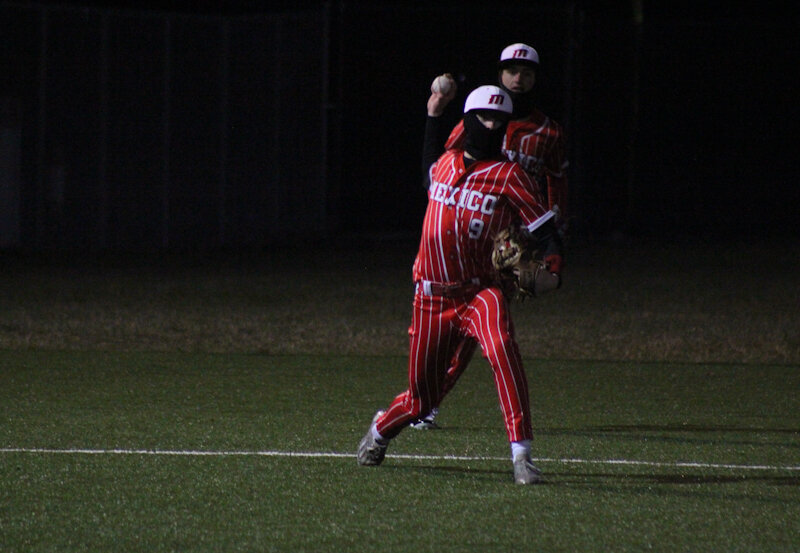 Mexico junior Sam Ryan throws from across the diamond for an out against Eldon on Friday in Mexico. Ryan recorded the third out and then drove in the game-winning RBI in the next inning for the walk-off 6-5 victory.