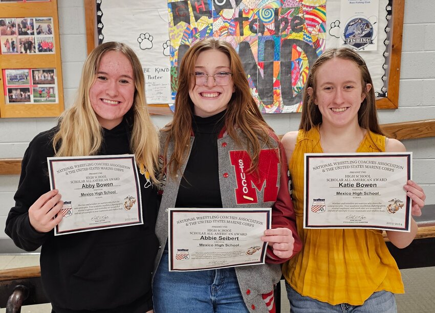 The Mexico girls wrestling team earned several academic postseason honors, including the National Wrestling Coaches Association High School Scholar All American Award that was presented to, from left, sophomore Abby Bowen and seniors Abbie Seibert and Katie Bowen. The criteria is a 3.5 GPA for the semester or that is accumulative and being a varsity letterman. The Bowen sisters also were academic all-state after having the same GPA requirements and qualifying for the state tournament.