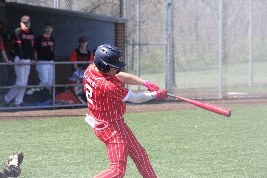 Mexico sophomore Drew DeMint follows through on a swing in an earlier game this season. DeMint had a huge day at the plate on Thursday at Centralia.