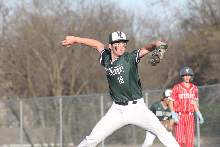 North Callaway junior Carter Moore pitches at Mexico a week ago. Moore threw a no-hitter last night at home against Mark Twain.