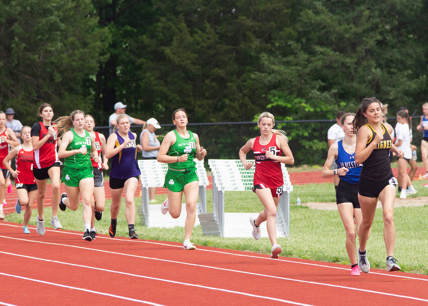 Community R-6 senior Alyssa Beamer is at the front of the pack in the 800-meter run in Saturday's Class 1 District 2 meet in New Haven.
