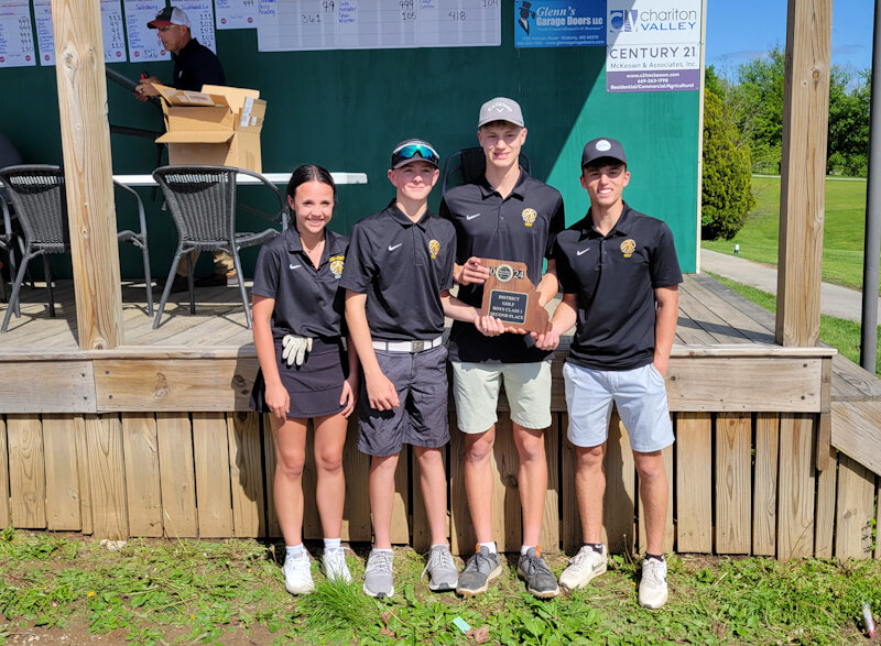 From left, Van-Far senior Clara Wallace, freshman Kaleb Baskett, all-district sophomore Pacey Reading and senior Nikos Connaway (sophomore Kasen Christian not pictured) hold their district runner-up plaque on Friday at Heritage Hills Golf Course in Moberly. Van-Far qualified as a team for Monday's and Tuesday's Class 1 state tournament in Joplin.