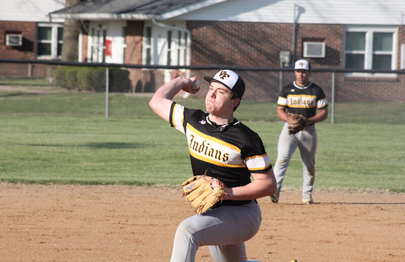 Van-Far sophomore Gibson Condie pitches in an earlier game this season. Condie struck out nine Louisiana Bulldogs in the Indians' 10-0 victory on Thursday to open districts in Silex.