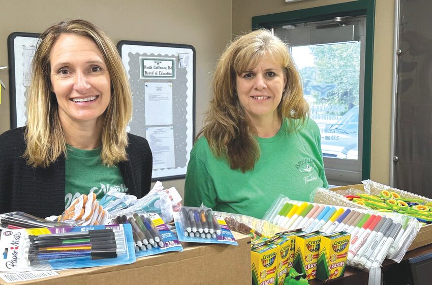 North Callaway Superintendent Kenya Thompson, left, is joined by Kellie O'Donley, the district’s business manager. A collaborative effort has added up to free school supplies for the upcoming school year, some of those supplies are shown here.