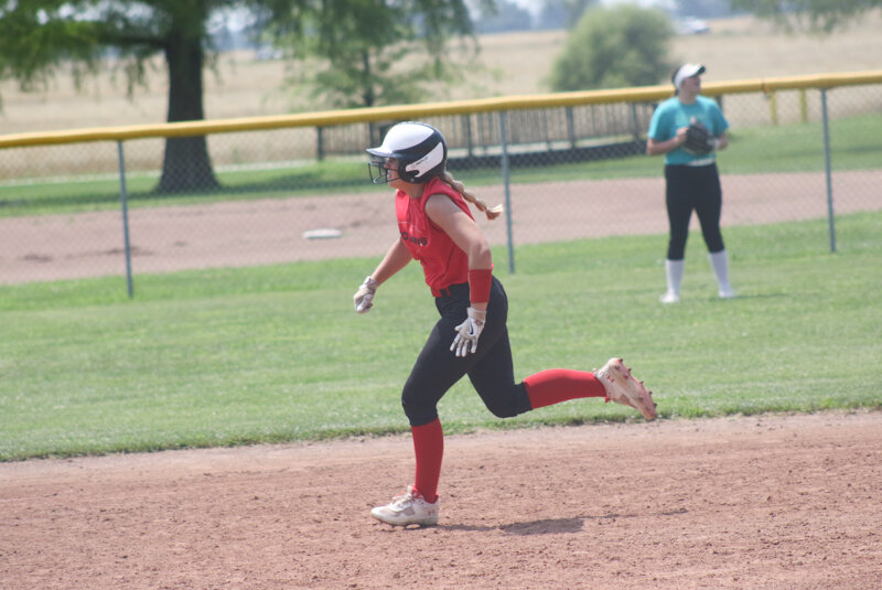 Community R-6 junior Chloe Johnson runs toward third base on July 11 during Centralia's summer softball camp.