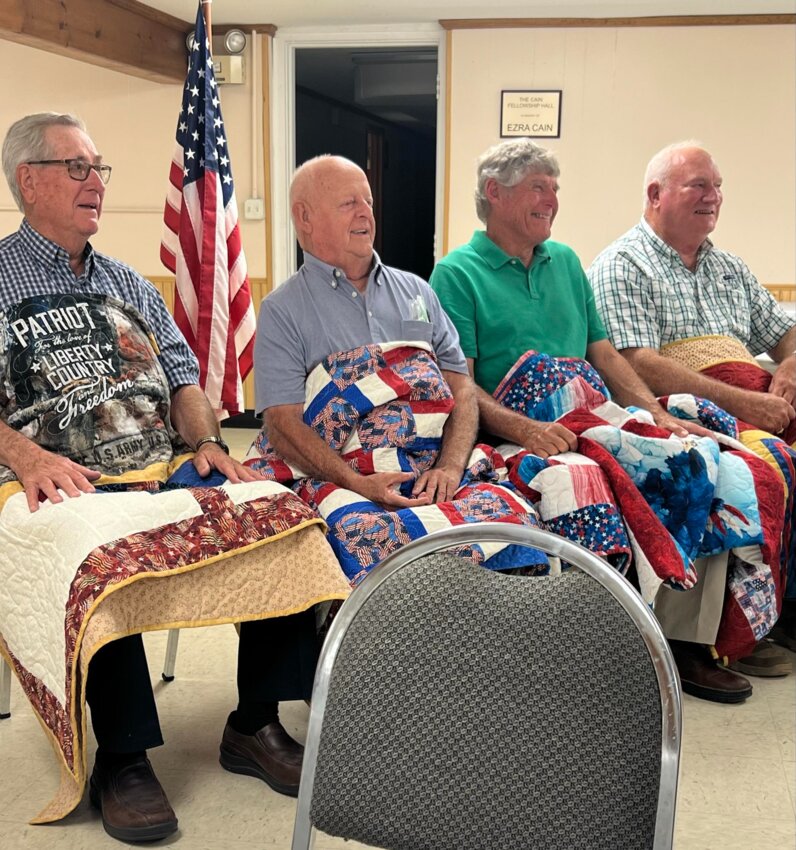 Friends and family veteran support organizations honored Gary Riedal, Carl Tullock, Micheal Haeffner, and Roger Parker with Quilts of Valor at our meeting  on Aug. 20. QOV is an organization that honors veterans of war for their service to our country.