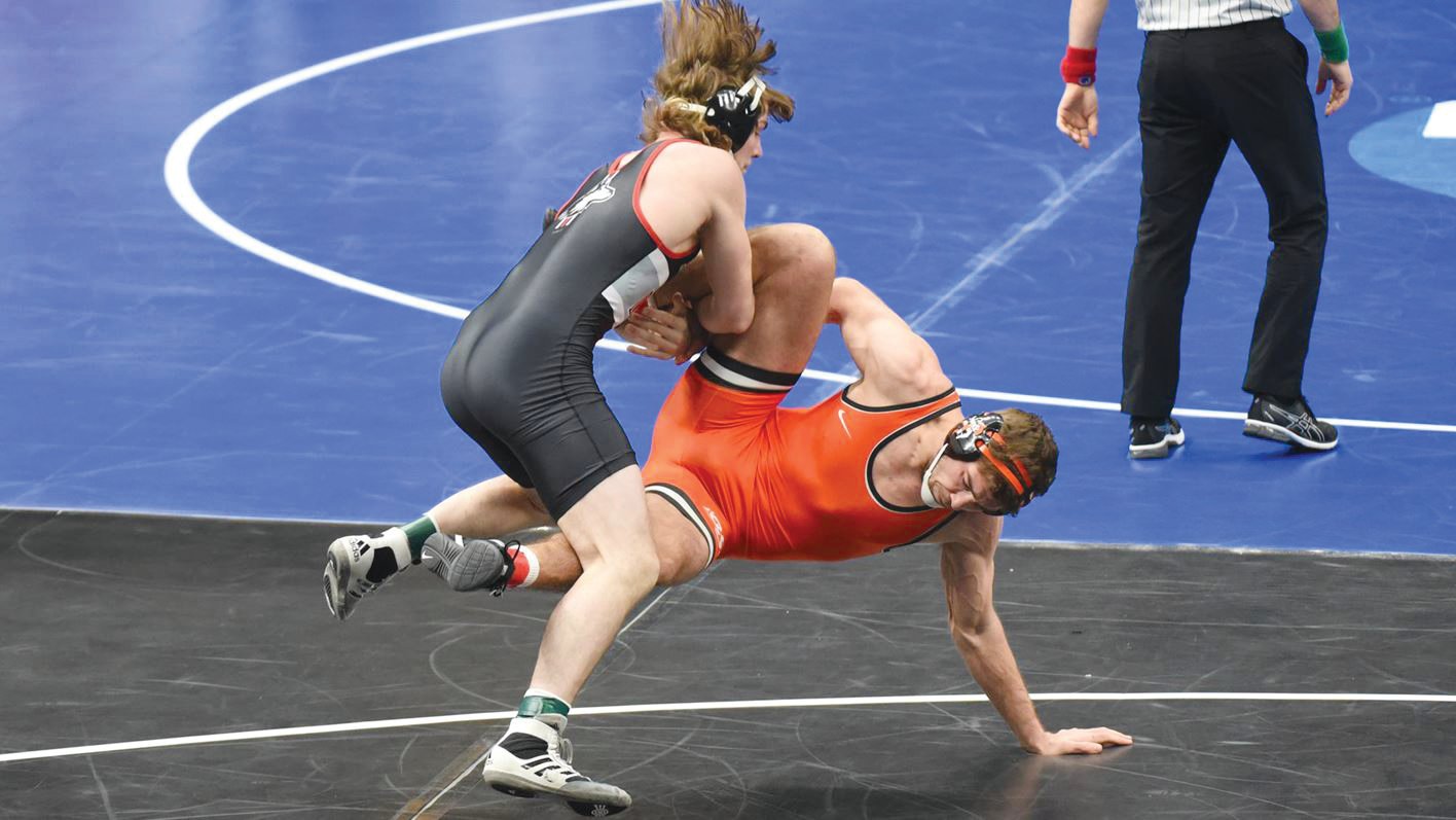 Brit Wilson in action during this year's NCAA wrestling championship. Wilson became the first former Mexico wrestler to earn Division I All-American honors. [Matthew Hawley, Pitt Athletics]