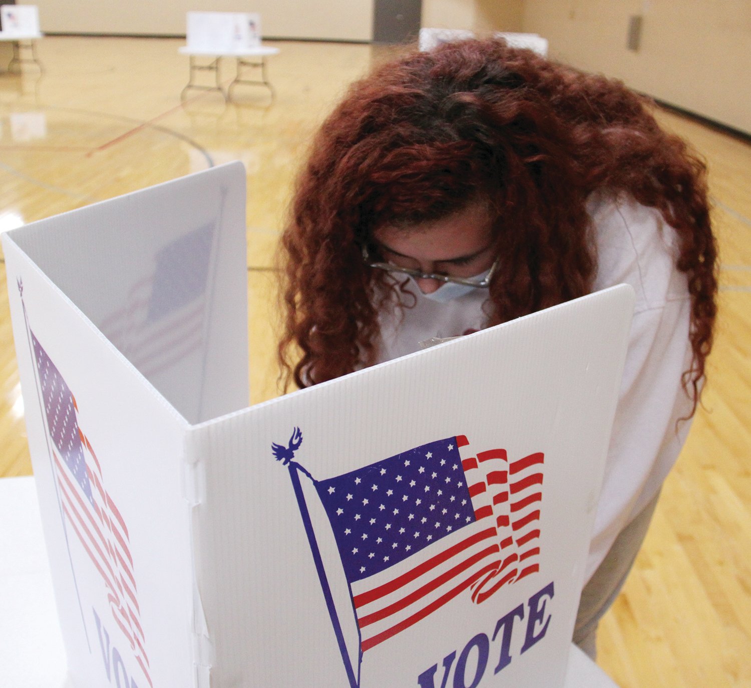 Mexico Middle School student Phyllis Timmons marks her ballot during the mock election organized by the League of Women Voters on Thursday. (Dave Faries)