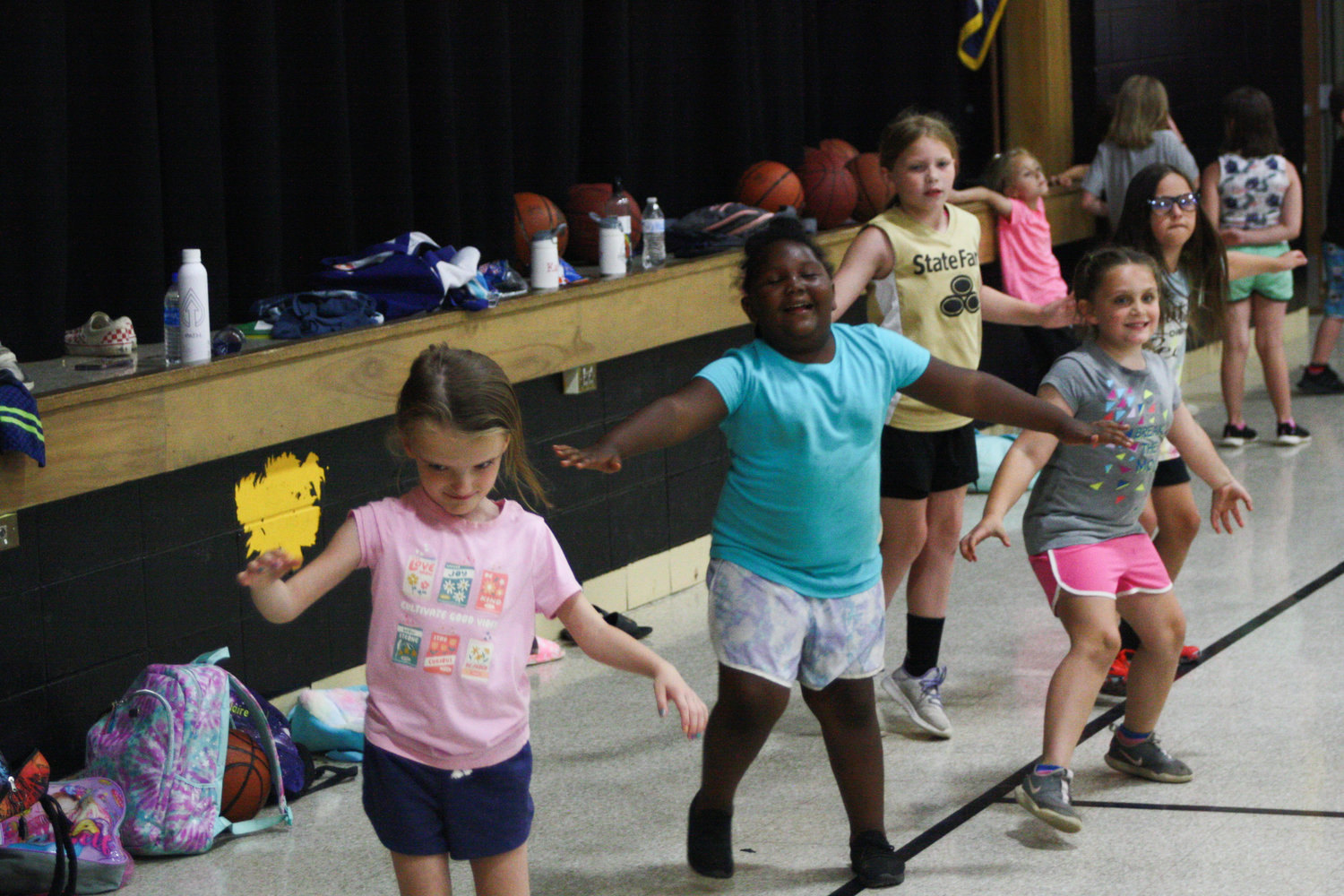 Campers work on their footwork June 3 at the Van-Far Lady Indians basketball camp at Van-Far Elementary School in Vandalia. A total of 27 children in first- through eighth-grade learned basketball fundamentals May 31-June 3 at the elementary school and high school.