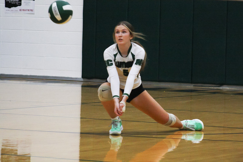 North Callaway junior libero Riley Blevins crouches for a ball on Sept. 27 against Wright City in Kingdom City. Blevins was voted to the Eastern Missouri Conference first team for the second straight year and also earned an all-district selection for leading the Ladybirds in digs this season. Senior setter Ellie Pezold capped her high school volleyball career in a memorable way, earning all-EMO honors for the first time. Pezold also set the school career assists record and service aces record.