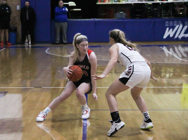 Mexico senior Lexie Willer makes a move against a Clopton defender Friday night in the consolation championship game in the Montgomery County Basketball Tournament. Willer finished with a team-high eight points and four steals, but the Lady Bulldogs lost 61-30.