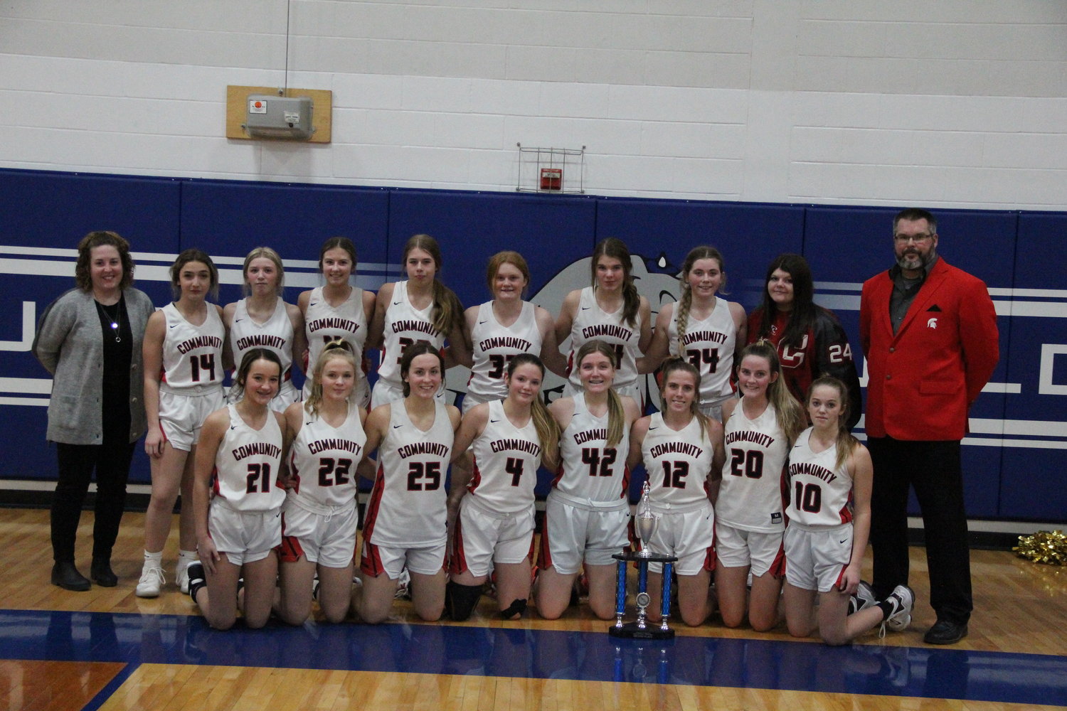 The second-place Community R-6 girls includes back from left, coach Stacie Carroz, Adrianna Woodson, Peyton Beamer, Rylee Rafferty, Kat Meyer, Amy McCurdy, Jocelyn Curtis, Aaliyah Welch, manager Paige Painter, and head coach Bob Curtis. The front row from left, includes, Peyton Schafer, Chloe Johnson, Brooklynn Glasgow, Kayla Jett, Olivia Kuda, Sarah Angel, Kylie Brooks and Alyssa Beamer.