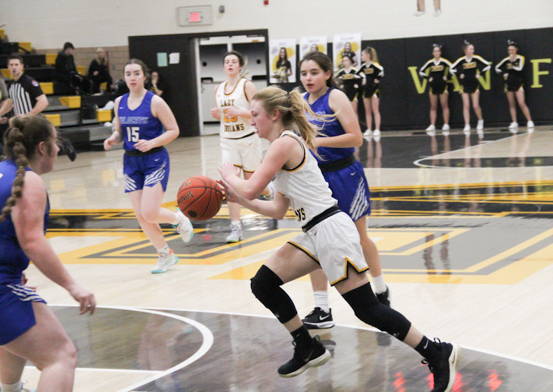 Van-Far senior Madelynn Caldwell goes toward the rim with determination on Tuesday at home against Montgomery County.