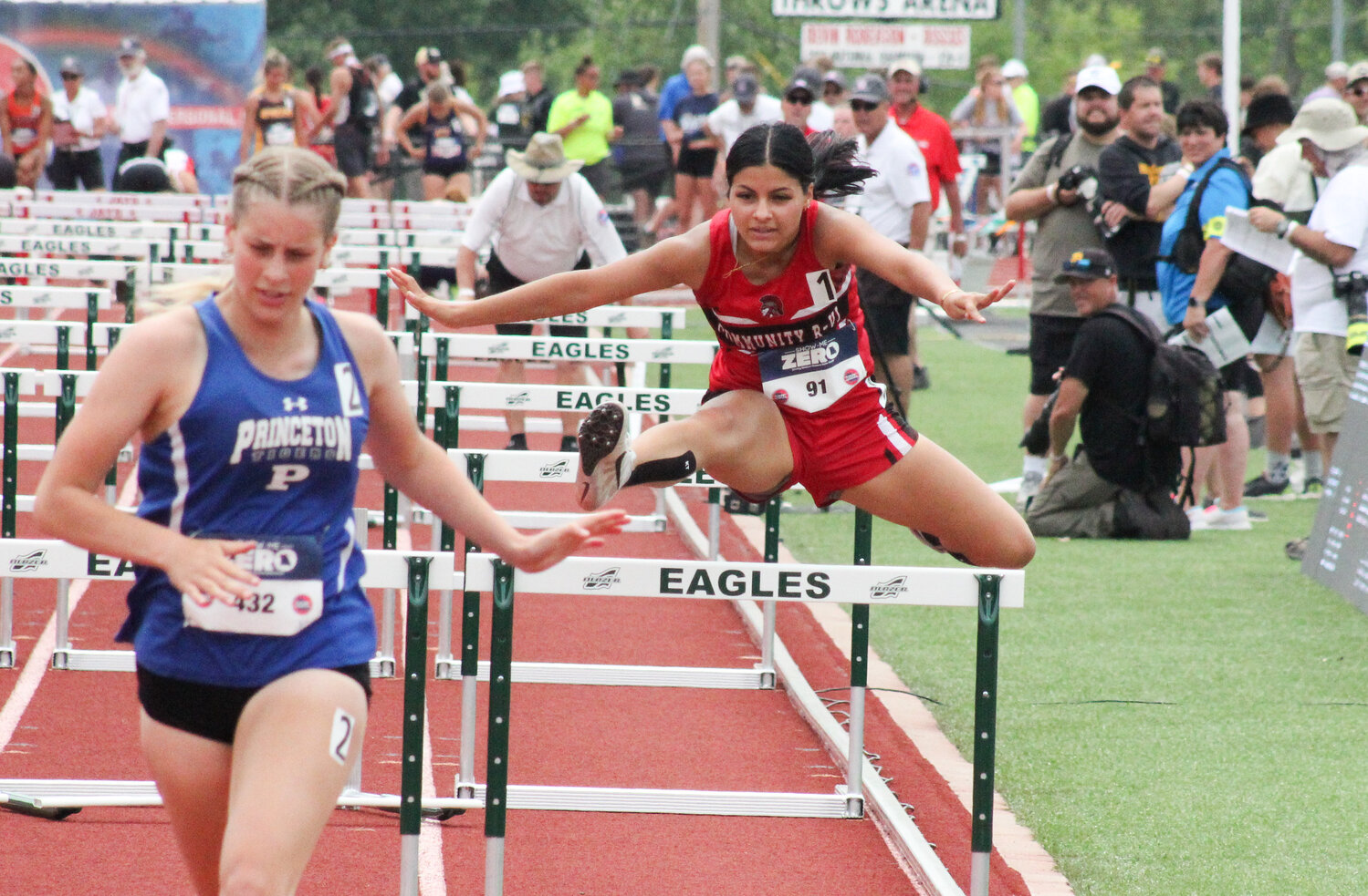 Community R-6 senior Victoria DiSalvo soars through the air in the girls 100-meter hurdles on Friday in the Class 1 state meet at Adkins Stadium in Jefferson City. DiSalvo missed the podium in the event and the 300-meter hurdles but concluded her third straight trip to state.