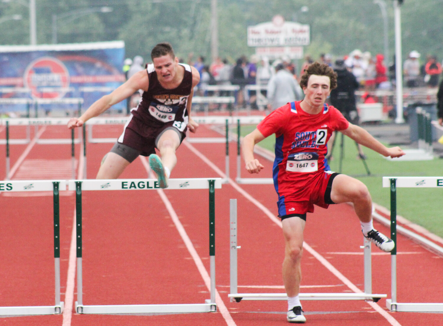 MMA senior Gabe Canonico leaps in the 300-meter hurdles on Friday in the Class 2 state meet. Canonico missed the podium but wrapped up a second straight trip to state.