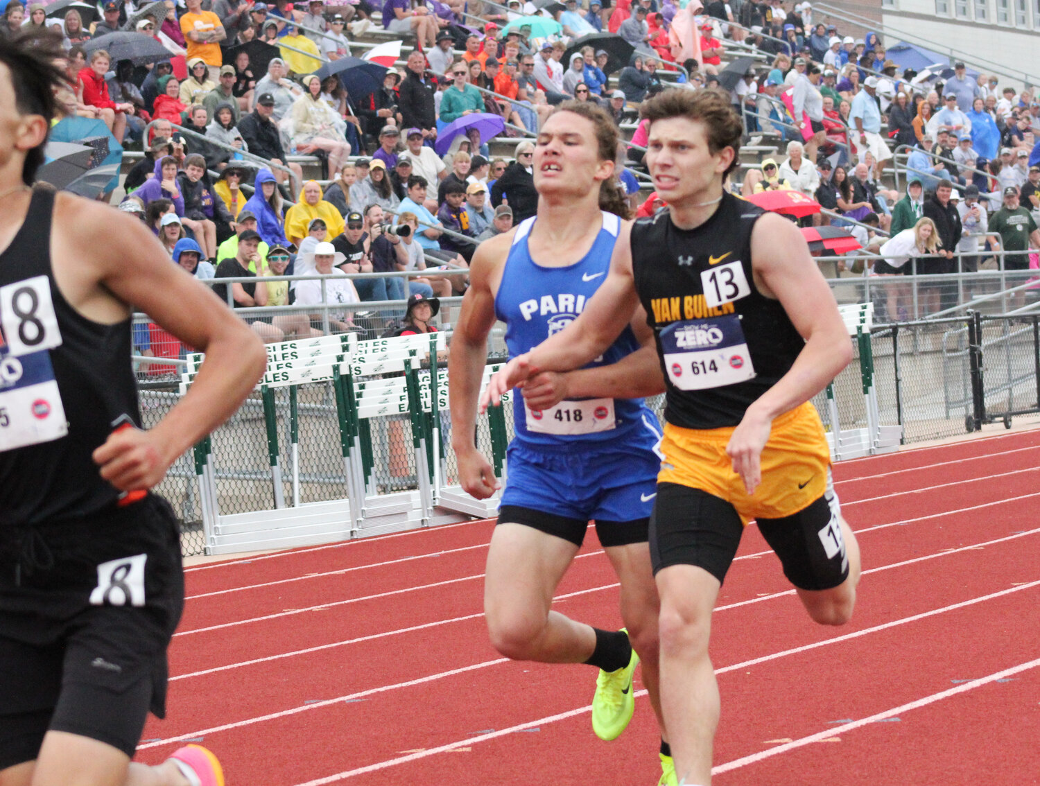 Paris senior Drew Williams digs deep down the home stretch to finish the boys 800-meter run in seventh place for all-state honors on Friday in the Class 1 state meet at Adkins Stadium in Jefferson City. Williams medaled in the event the previous two years.