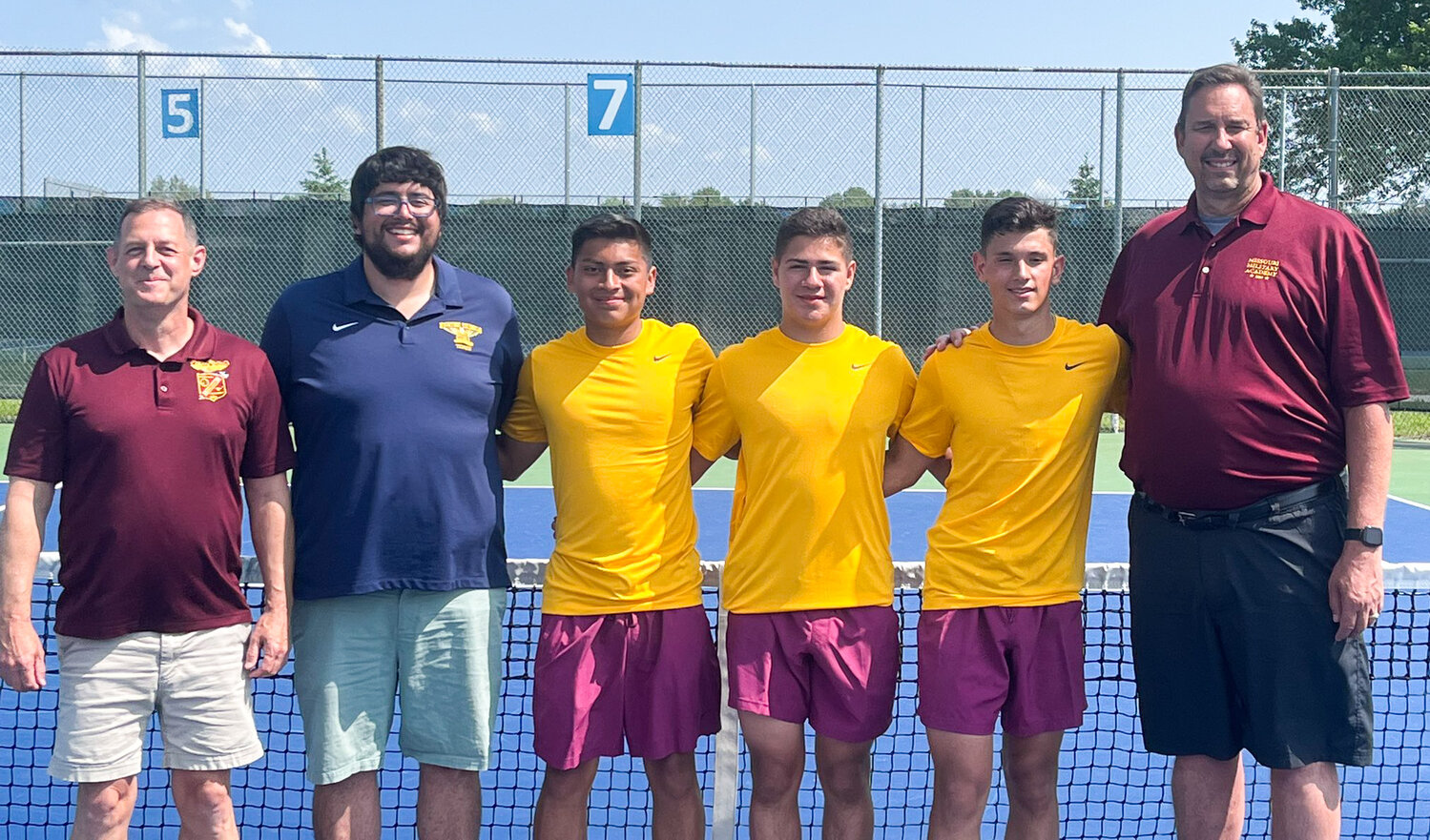 Missouri Military Academy cadets competed Thursday, May 18 in the Class 2 individual state tournament at Cooper Tennis Complex in Springfield. At the tournament, from left, were coach Tom Allen, head coach Brad Smith, qualifiers Samuel Way, Patricio Bravo Knobloch and Gorka Yarte, and athletic director Brian Meny.