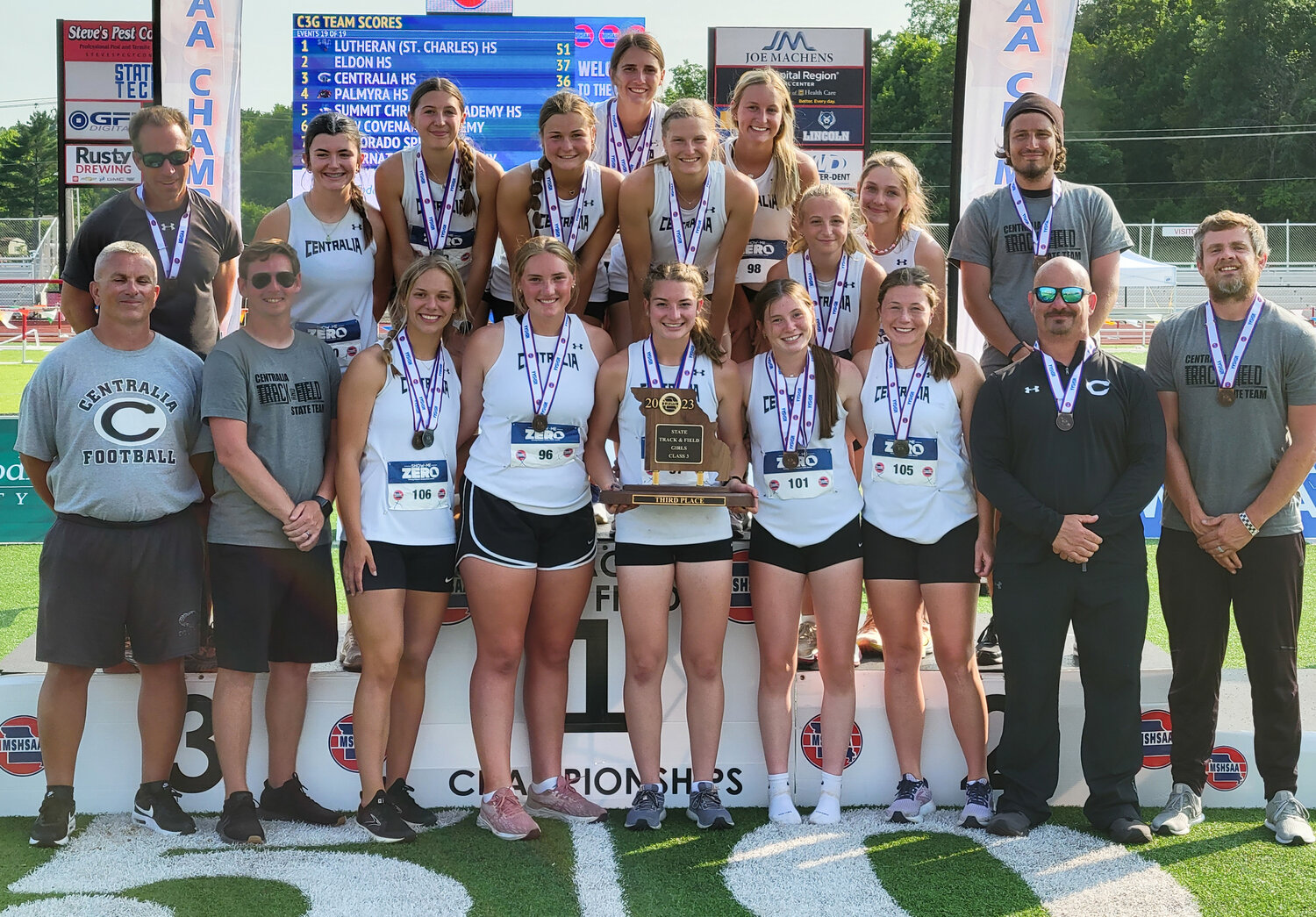 The Centralia girls track and field team won its first state plaque since 1985 and second ever award by finishing third on Saturday in the Class 3 state track and field meet at Adkins Stadium in Jefferson City.