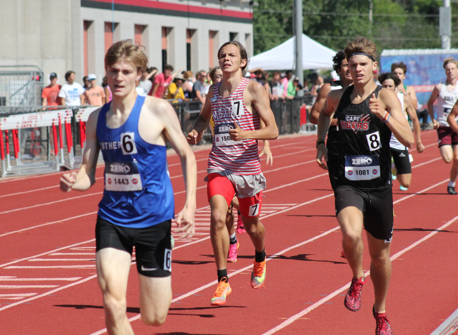 Mexico sophomore Tyler Grimes runs down the home stretch of the boys 800 on Friday at the Class 4 state track and field meet.
