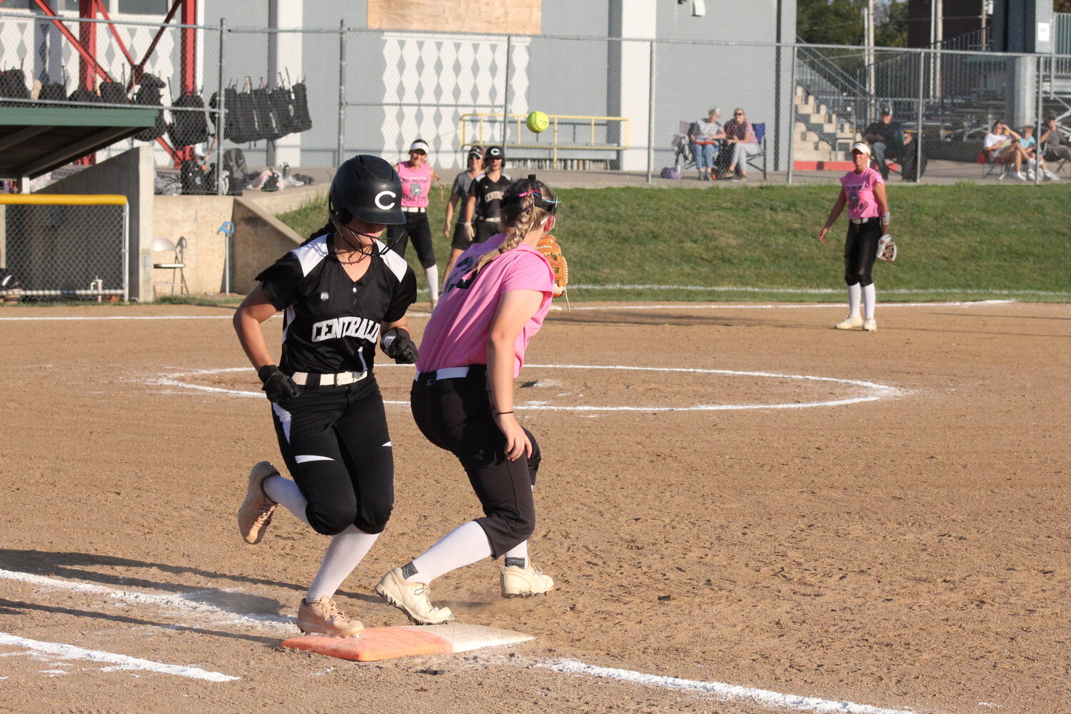 Centralia senior Olivia Adams reaches first base in time on Tuesday in Mexico.