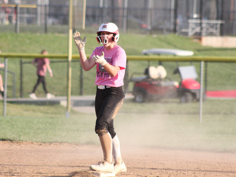 Mexico sophomore Hannah Loyd celebrates after hitting a double against Centralia on Tuesday at home.