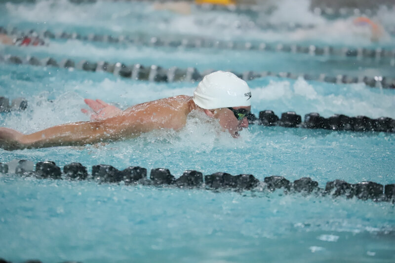 Missouri Military Academy junior Tiago Ruas Deluca swims in the 100-yard butterfly late last week at the Class 1 state meet at the St. Peters Rec-Plex. He won second place to earn one of two medals this year.