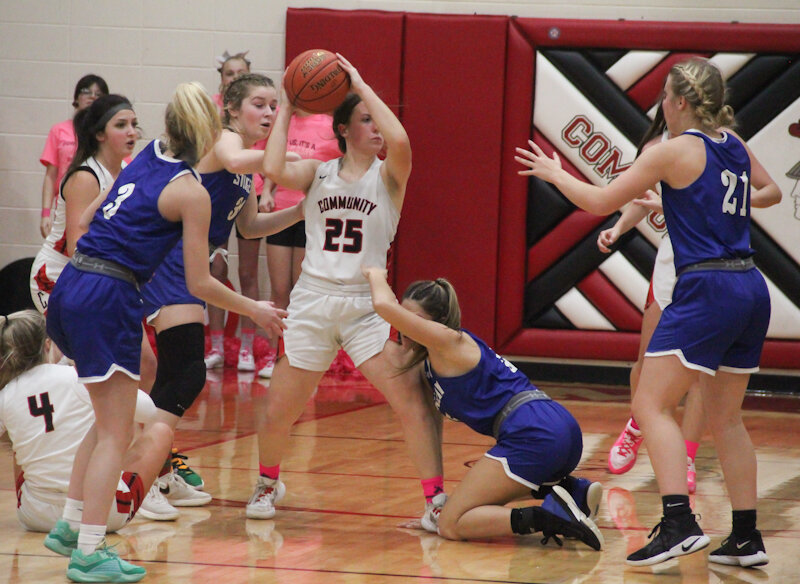 Community R-6 senior Brooklynn Glasgow stands about Sturgeon in the Lady Trojans' first meeting with the Lady Bulldogs' this season. That game resulted in a double-overtime loss for Community, but Tuesday's rematch in Sturgeon resulted in a regulation victory for the Lady Trojans.