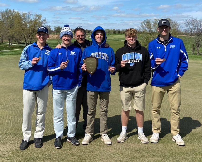 The Montgomery County golf team poses with its Eastern Missouri Conference championship plaque after winning the EMO tournament on April 25 at Tanglewood Golf Course in Fulton. Pictured, from left, are Robby Rodgers, Logan Hutcheson, head coach Robert Ripperdan, Keenan James, Keaton Reagan and Alex Hartman.