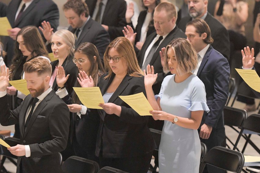 Montgomery County graduate Kayla Knipfel, front right, gets sworn in as attorney at the Missouri State Capitol on April 22, 2022. Knipfel was recently hired to work as associate attorney at Paul LLP Trial Attorneys in Kansas City.