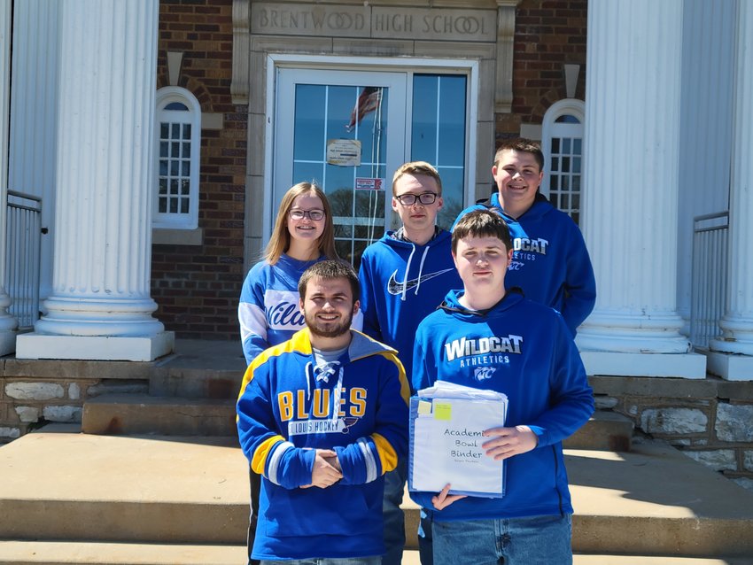 The Montgomery County High School Scholar Bowl team poses in front of Brentwood High School after the Class 3, District 5 tournament on April 9. Front row, from left, are seniors Blake LaBrier and Bryce Eoff. Back row are junior Cora Johnson, junior Trenton Moose and freshman Landon Pottebaum.