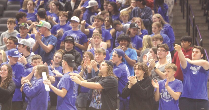 Students cheer on the Montgomery County boys basketball team during its Class 3 Show-Me Showdown semifinal game against Summit Christian Academy on March 8 at Mizzou Arena in Columbia.