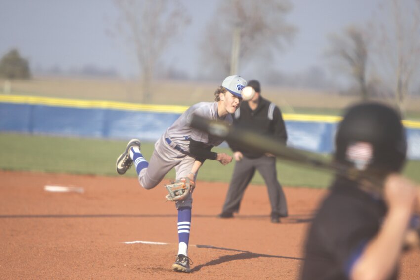 Montgomery County sophomore pitcher Noah Beck tosses a pitch in the bottom of the first against Mark Twain on March 28.