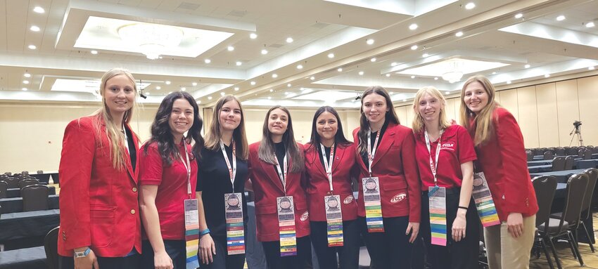 Montgomery County students Alexa Groeber, Mariah Fish, Addison Brower, Olivia Spurgeon, Aaliyah Onofre, Danielle Thomas, Hannah Toenges and Beth Bextermiller pose at the Missouri State Leadership Conference.
