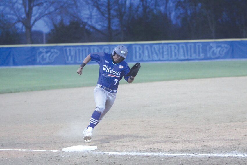 Montgomery County sophomore Edwin Garcia races home for the winning run in the bottom of the 10th in a home game against the Silex Owls. The Wildcats came from behind to beat Silex 3-2 to improve to 2-0 in Eastern Missouri Conference play.