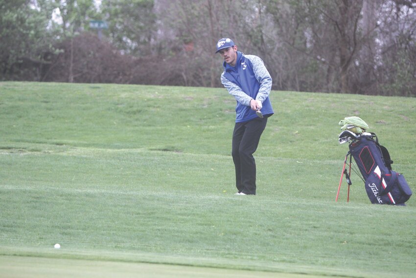 Montgomery County senior Robby Rodgers makes a chip shot at hole No. 3 in a match against South Callaway, Wright City, Missouri Military Academy and Silex on April 4 at Wildcat Golf Course.