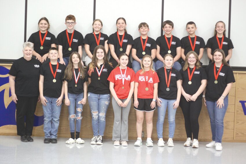Members of the Montgomery County Middle School FCCLA group pose with their medals they earned at the State Leadership Conference on March 17-19 at the Lake of the Ozarks. Front row are, from left, FCCLA adviser Jan Hankinson, Jayden Conder, Alaina Spurgeon, Ryliegh Moore, Paisley Clark, Anna Johnson, Addison Cannon, Aurora Gibson and Alyssa Davis. Back row are Lydia Zerr, Grayson Dunlap, Bella Nichols, Chloe Conder, Cohen Beattie, Ethan Hogue, Brady Falloon and Julia Elder.