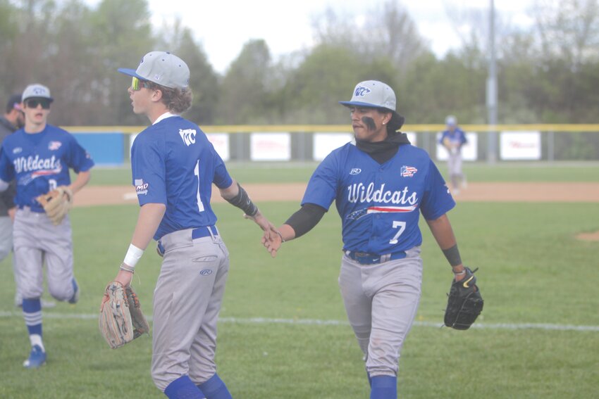 Montgomery County sophomore pitcher Edwin Garcia, right, gets congratulated from sophomore third baseman Noah Beck in the top of the first inning against Clopton on April 11. Garcia finished with a no-hitter in the Wildcats’ 10-0 win over Clopton in six innings.
