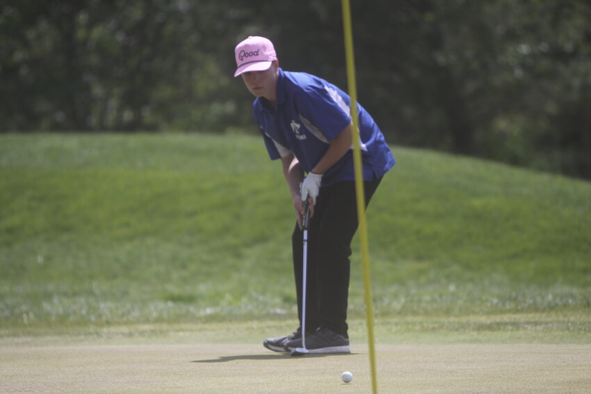Montgomery County sophomore Karter Reagan putts from the No. 4 hole at the Eastern Missouri Conference championship tournament on April 22 at Woods Fort Golf Course in Troy. Reagan finished 13th with a 102 to become one of four MCHS players to earn all-conference honors.
