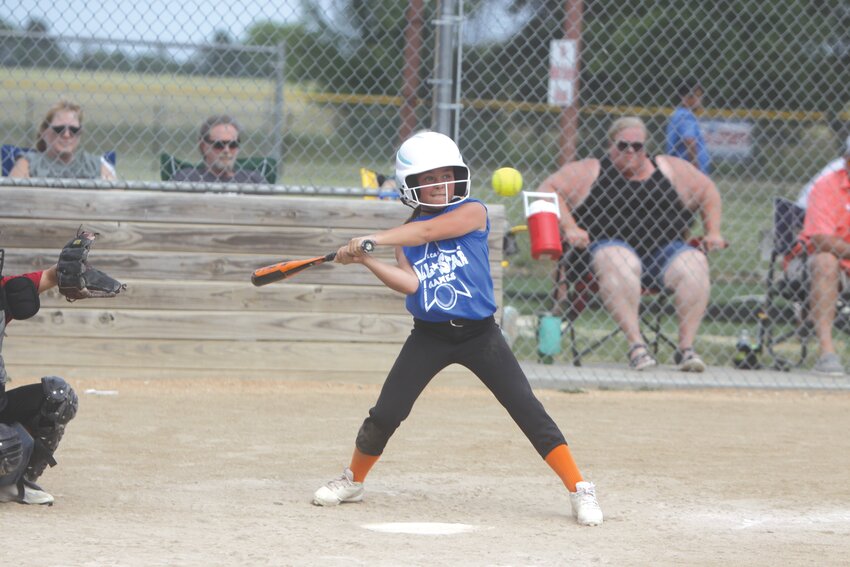 Abby Cobb swings at a pitch at the 10U softball contest of the Second Annual Lincoln County Athletic Association All-Star Games on June 22 at Hawk Point.