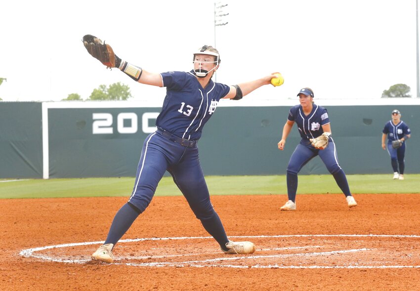 Montgomery County graduate and Missouri Baptist University sophomore Brooklynn Fischer delivers a pitch against Southeastern University in an opening-round game of the NAIA National Tournament on May 14. Fischer played in her first year at Missouri Baptist and received many honors.